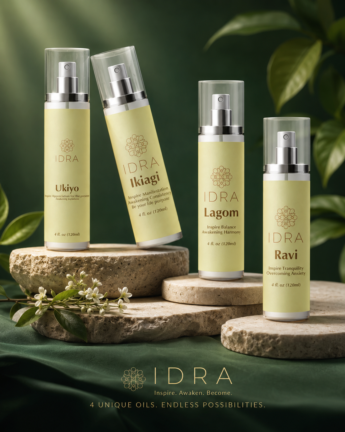 IDRA Wellness sacred oils — Ukiyo, Ikigai, Lagom, and Ravi